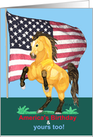 Happy Fourth of July, Independence Day, Rearing Buckskin Horse with US Flag